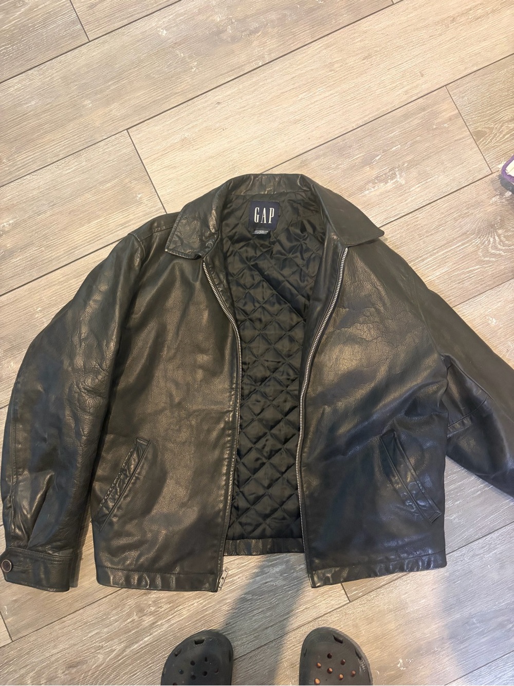 GAP women’s  Black Leather Bomber Jacket with Quilted Lining